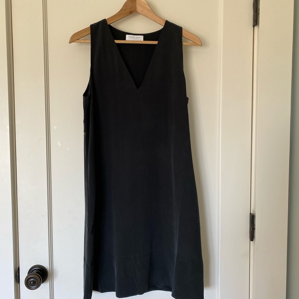 Everlane Double Lined Silk Black V Neck Dress Sz 6
